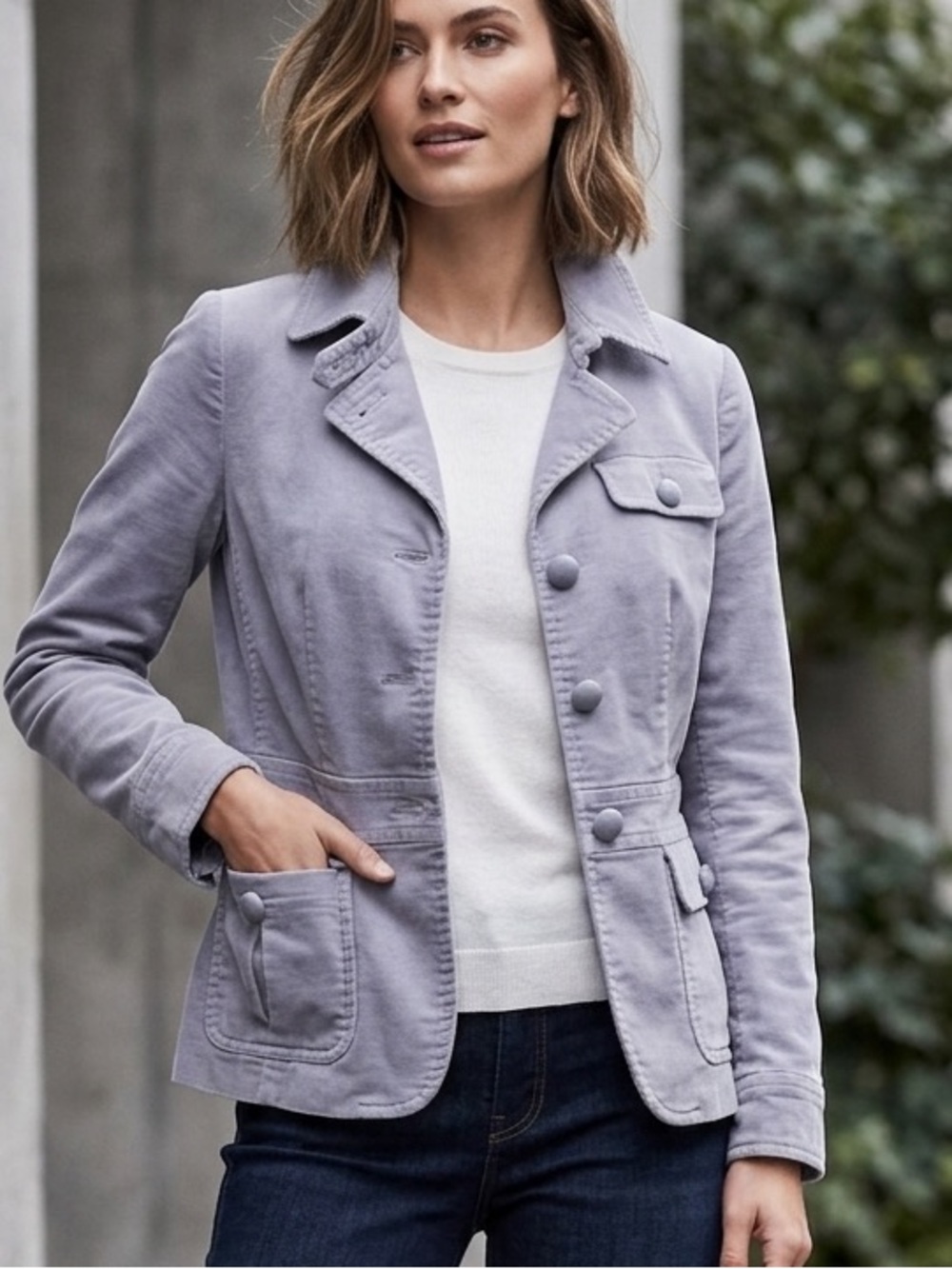 Talbots Grace Fit Glacier Grey Blue Velvet Blazer Jacket Coat- 4 - EUC